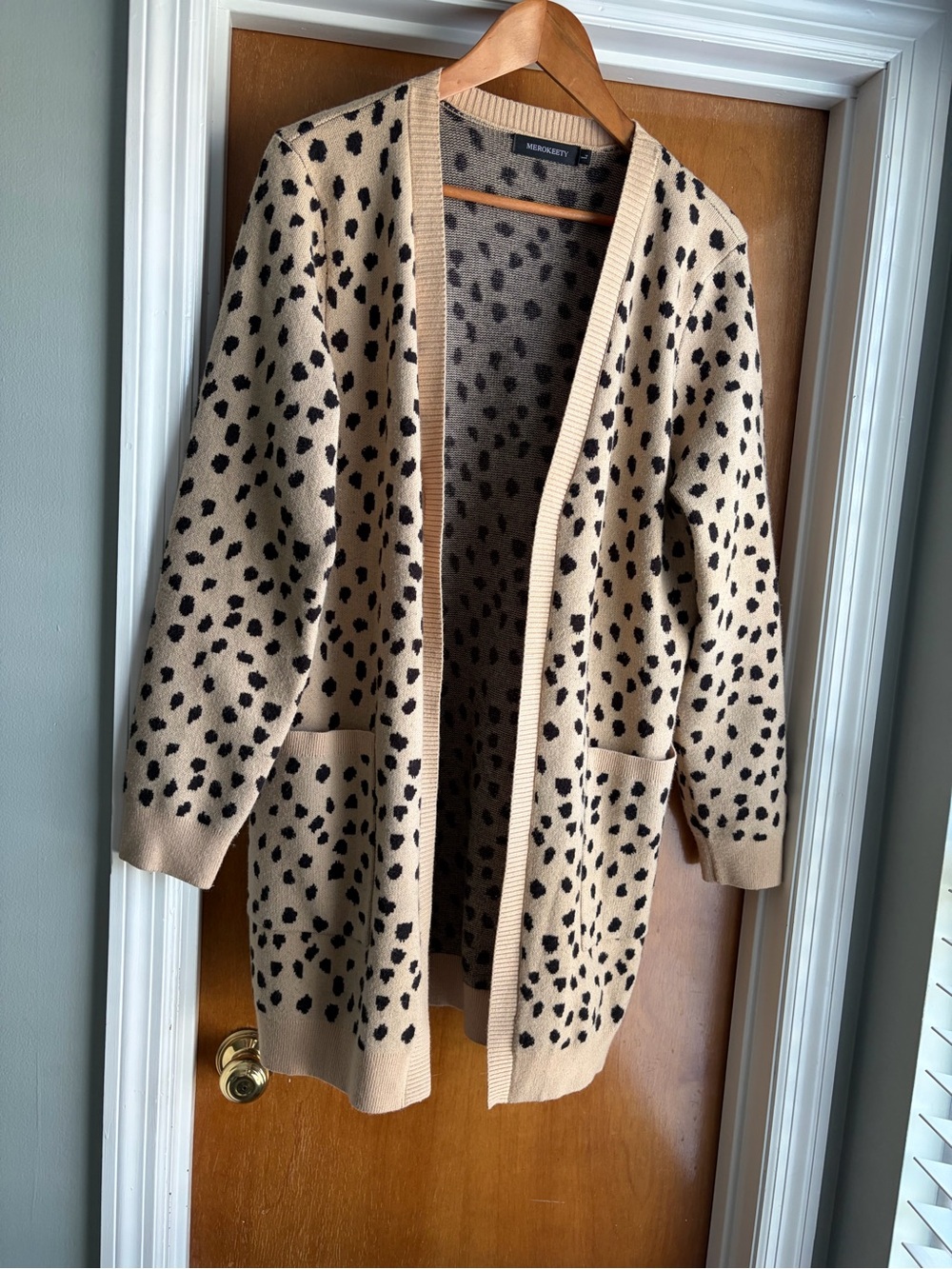 Open-Front Leopard Spot Cardigan in Beige and Black